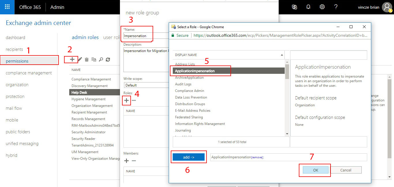 how to grant application impersonation rights in office 365