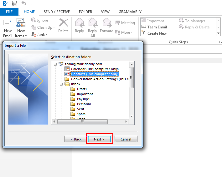 Select folder to Import CSV in MS Outlook