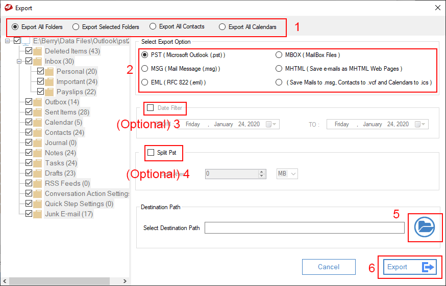 export pst in eml, msg, pst