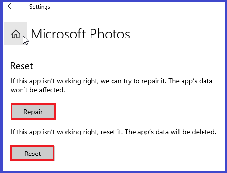 Repair and Reset Photos Application