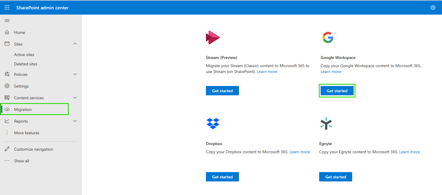 click on sharepoint migration