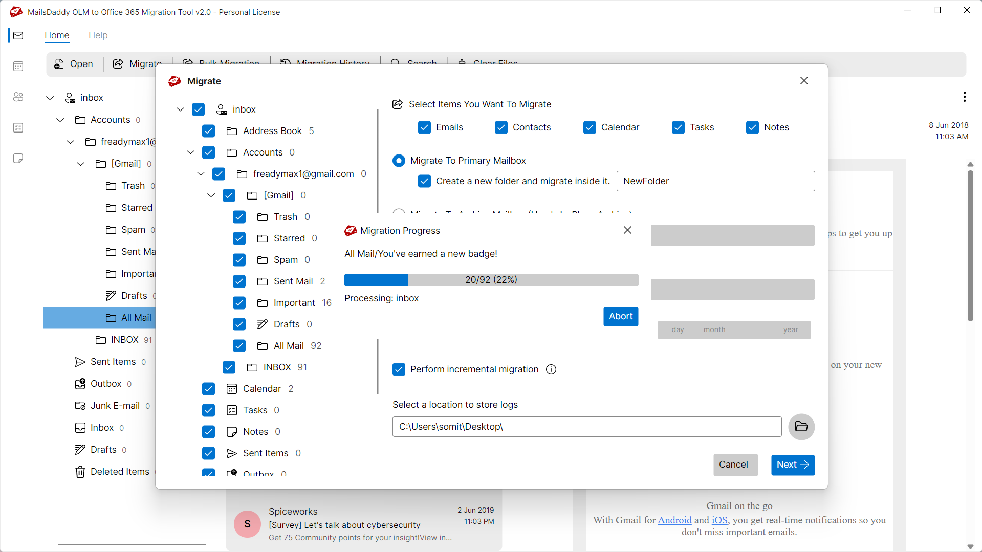 Step 05: Start migration — MailsDaddy OLM to Office 365 Migration