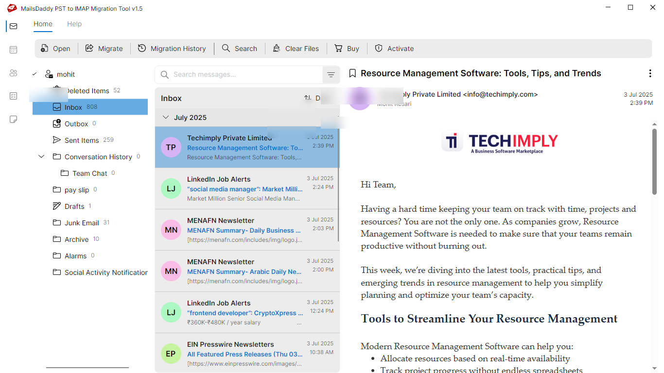 Step 02: Preview file data — MailsDaddy PST to IMAP Migration Tool