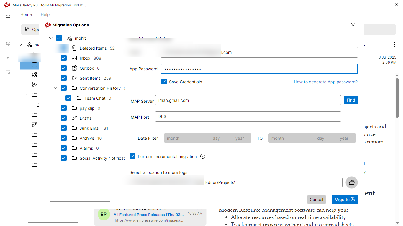 Step 03: Select export options — MailsDaddy PST to Zoho Mail Migration Tool