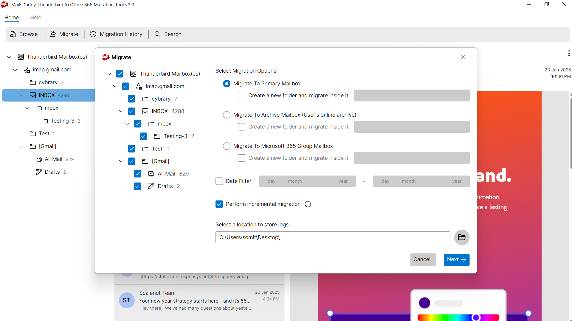 Step 03: Select export options — MailsDaddy Thunderbird to Office 365 Migration
