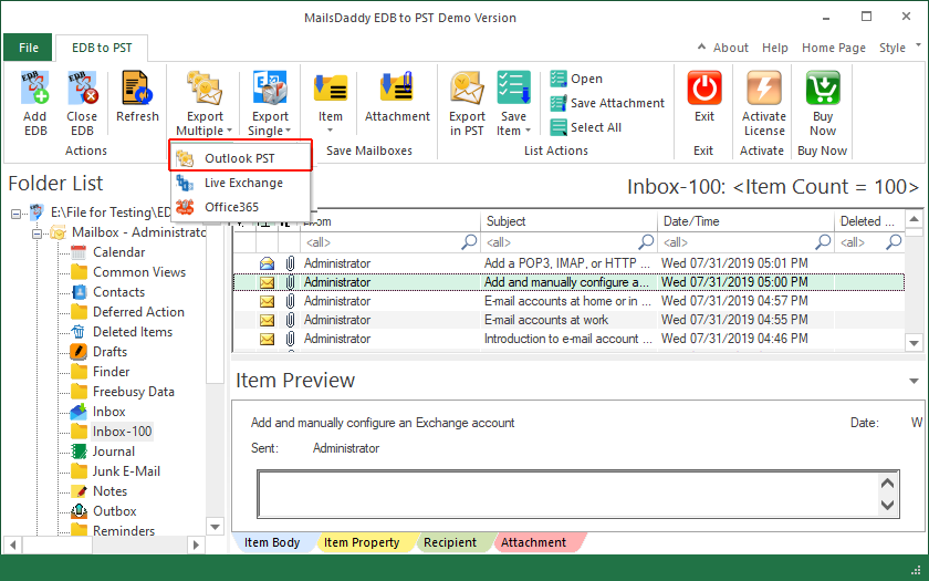 preview and export edb to office 365