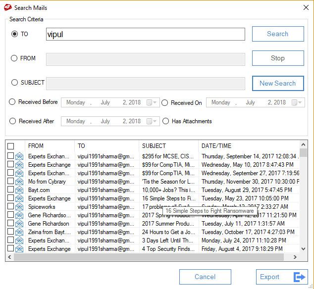 search and export filter