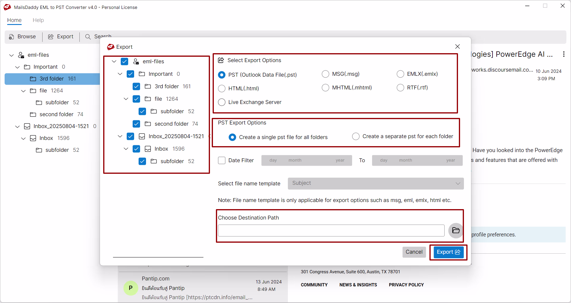 Select export options