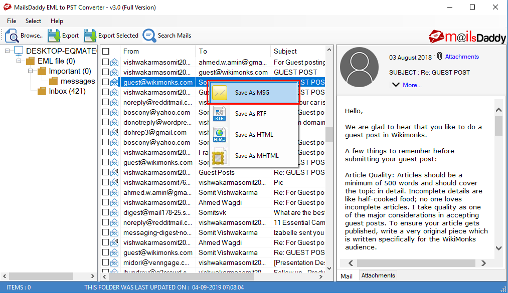 Preview EML file data