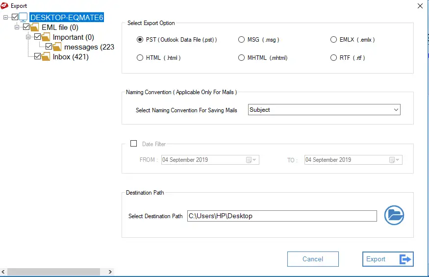 export eml to pst