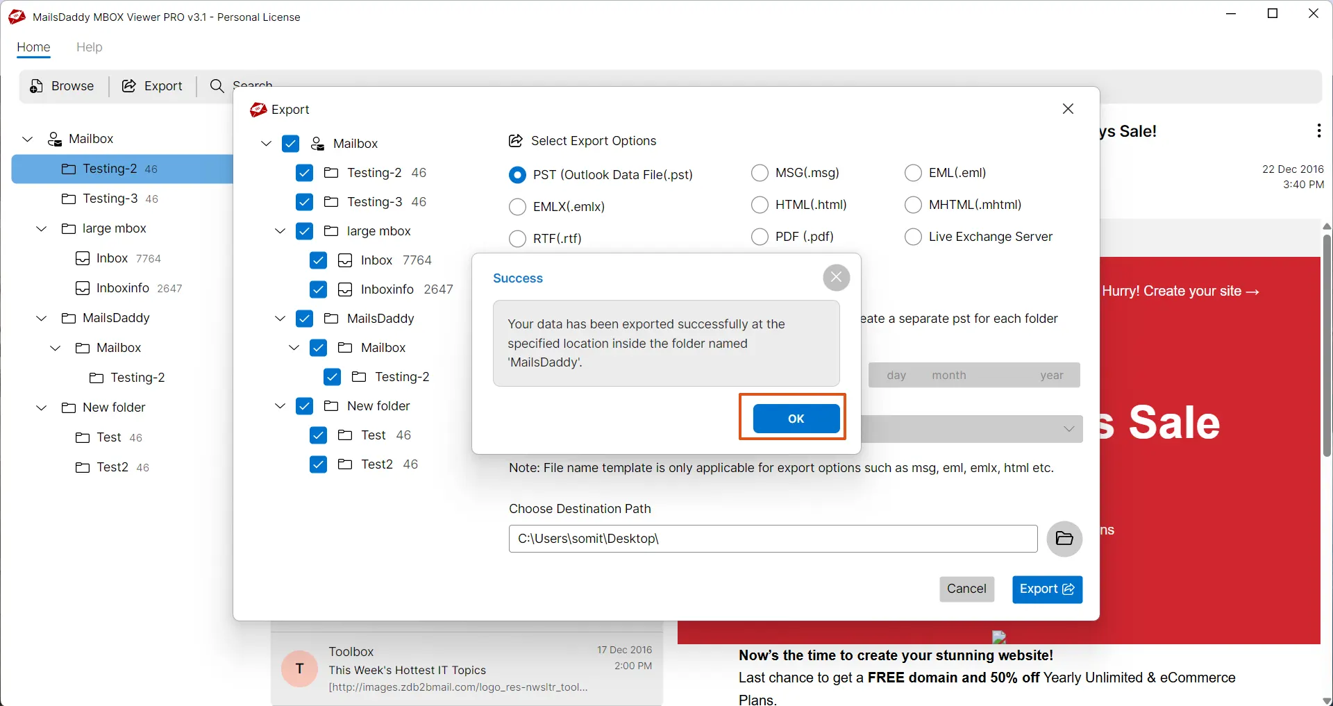 choose destination and export