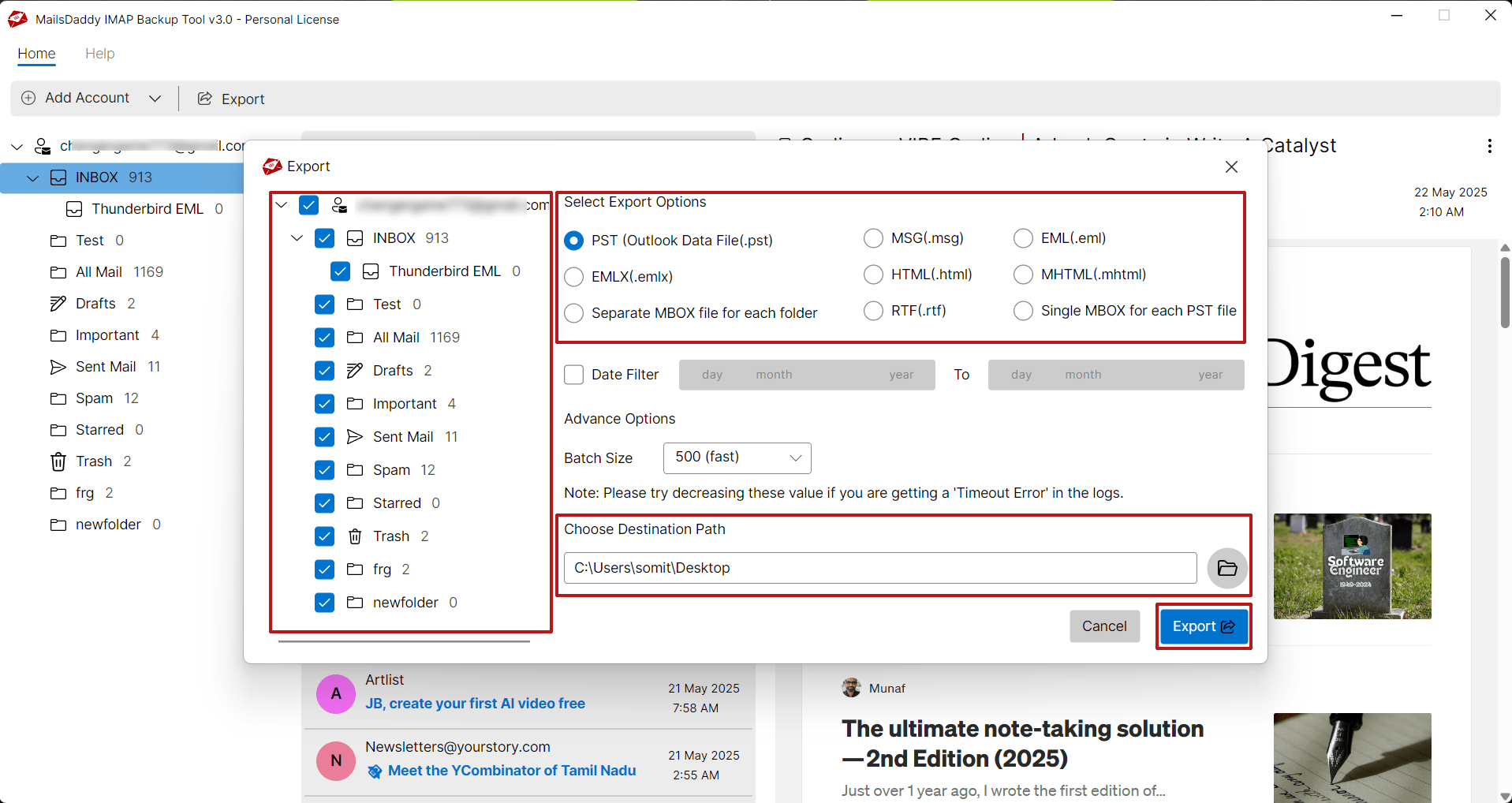 export email in pst