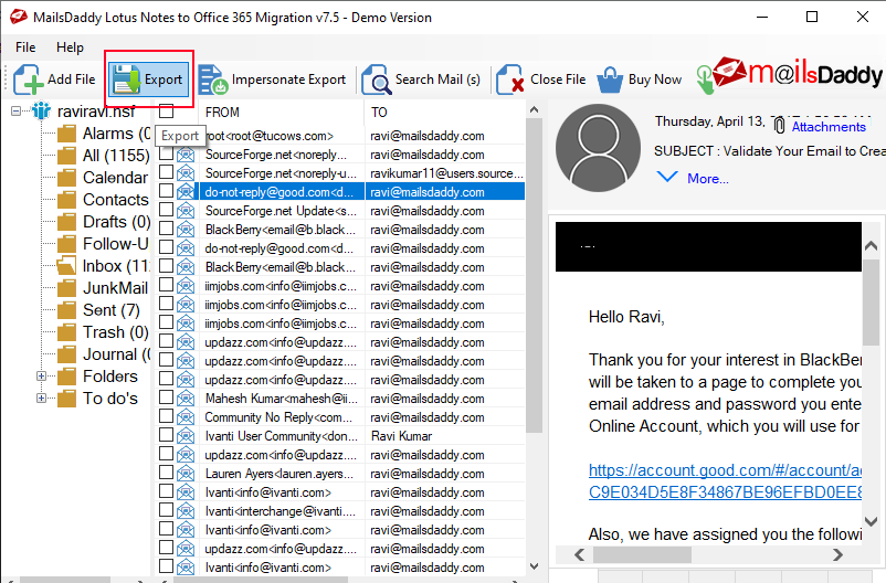 MailsDaddy Lotus Notes to Office 365 Mig screenshot