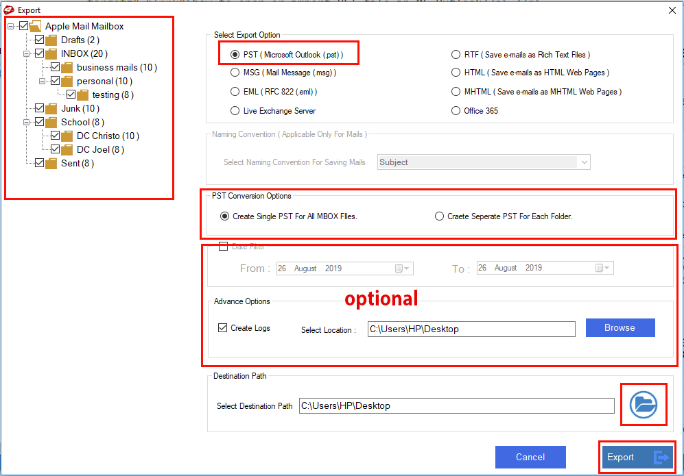 select export option
