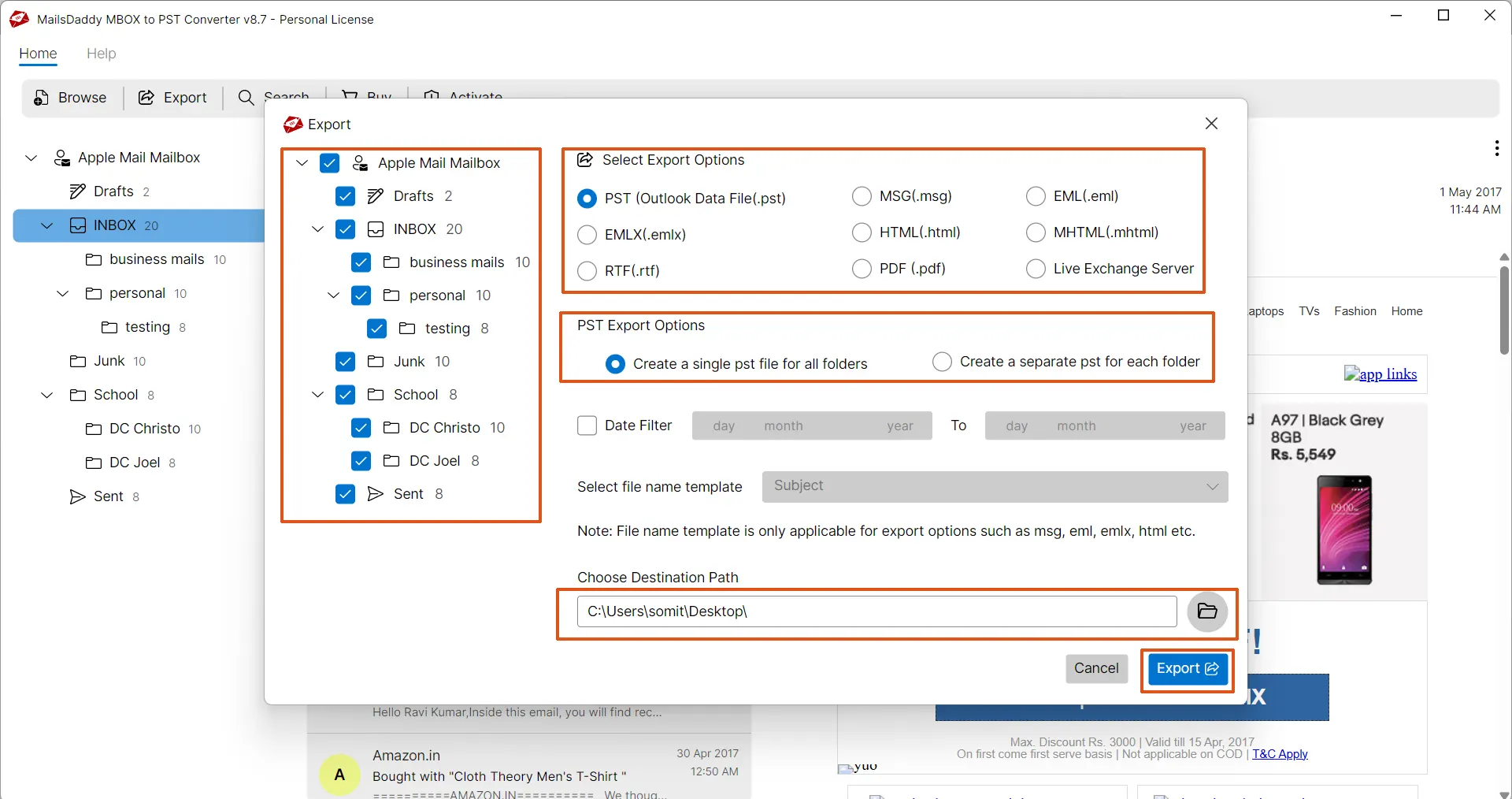 select export option