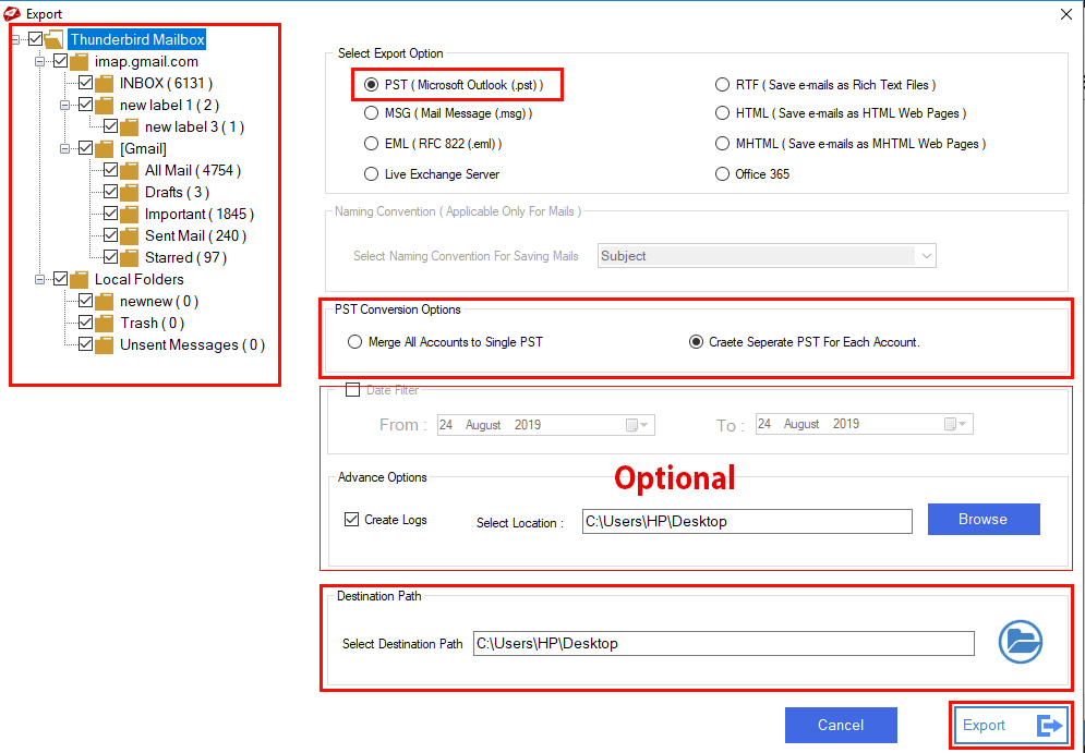Export options