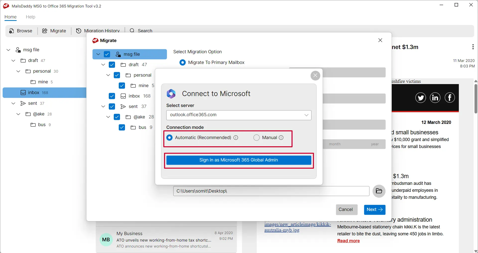 transfer msg to outlook 365