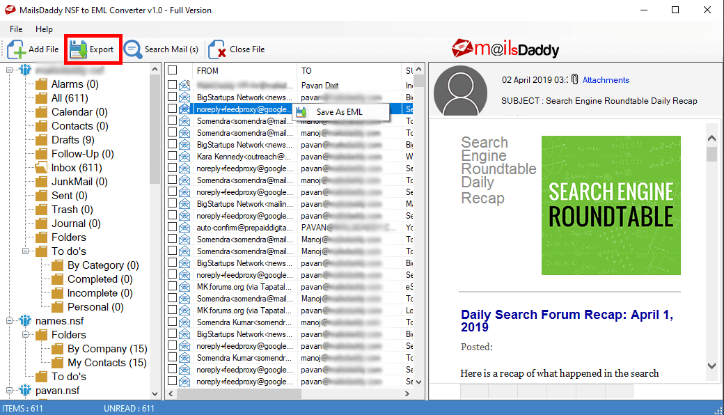 export all emails