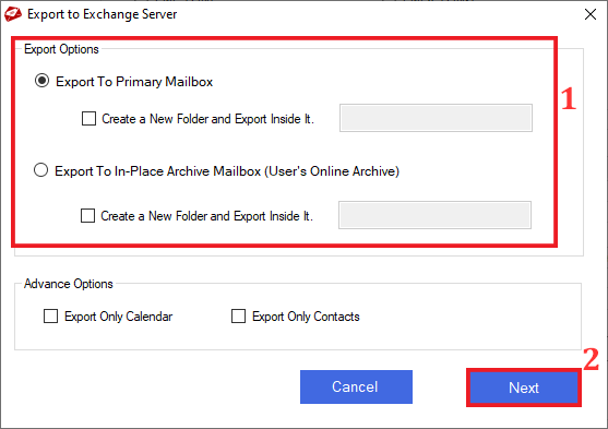 choose export option for exchange server