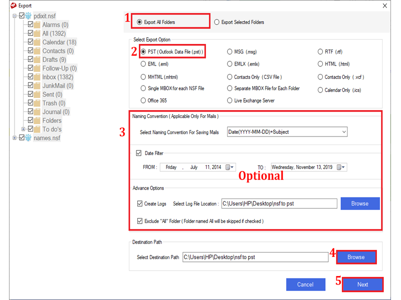 choose export option for lotus notes to outlook 2016
