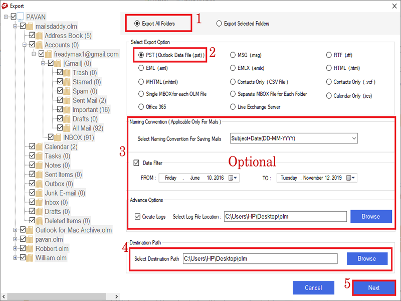 migrate mac outlook olm to outlook pst