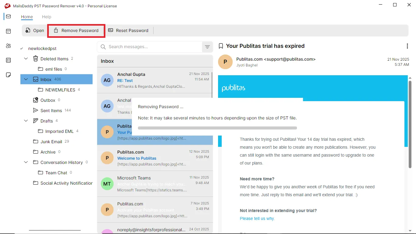 Remove password from PST file