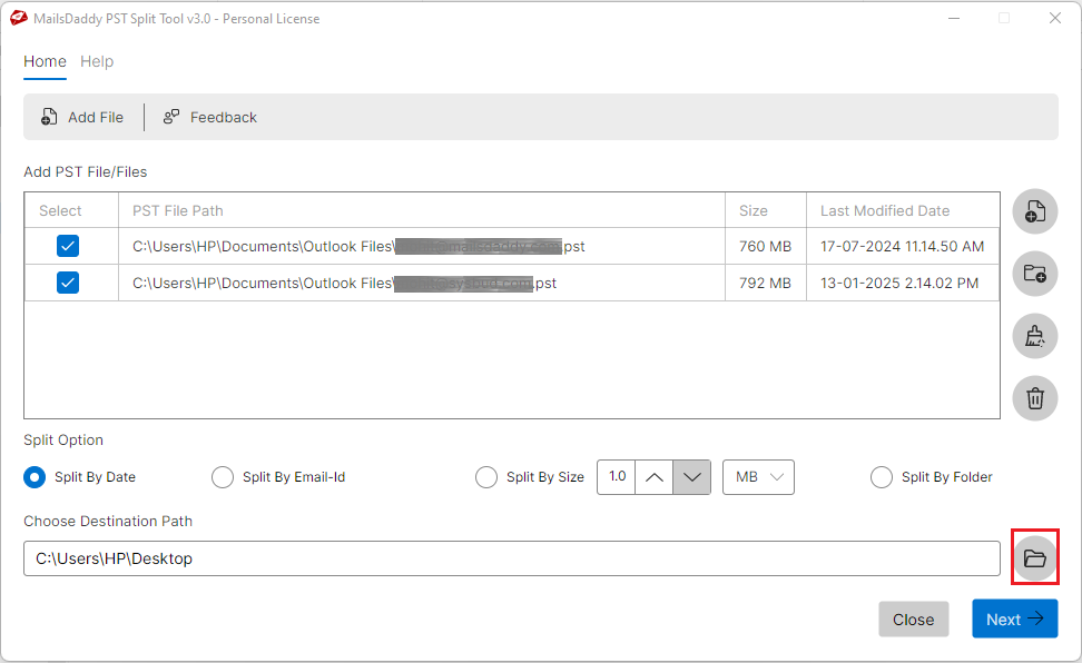 outlook pst split tool, break pst file, pst split tool, pst splitter, spilt pst by date, split pst by folder, split pst by size, split pst by email, divide pst file