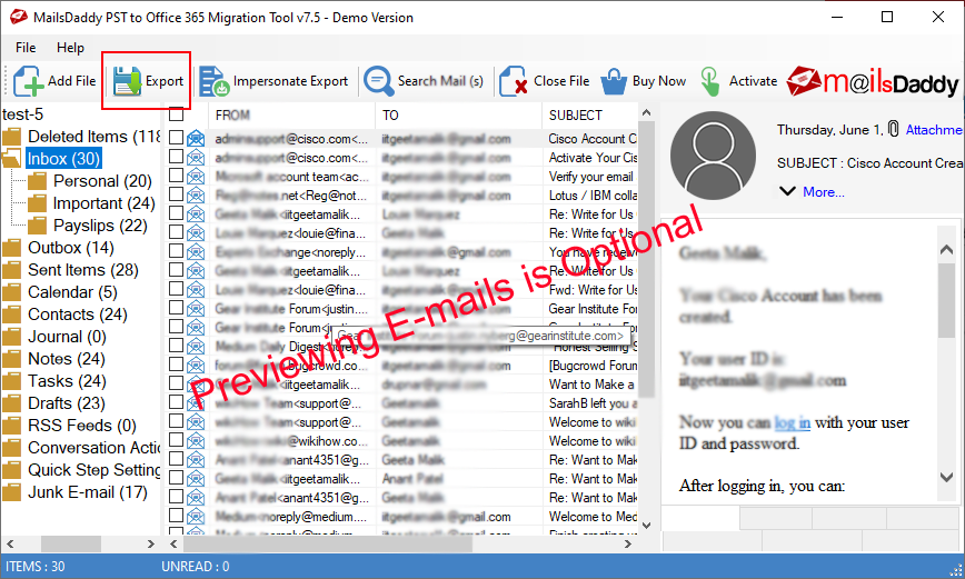 Preview PST file data