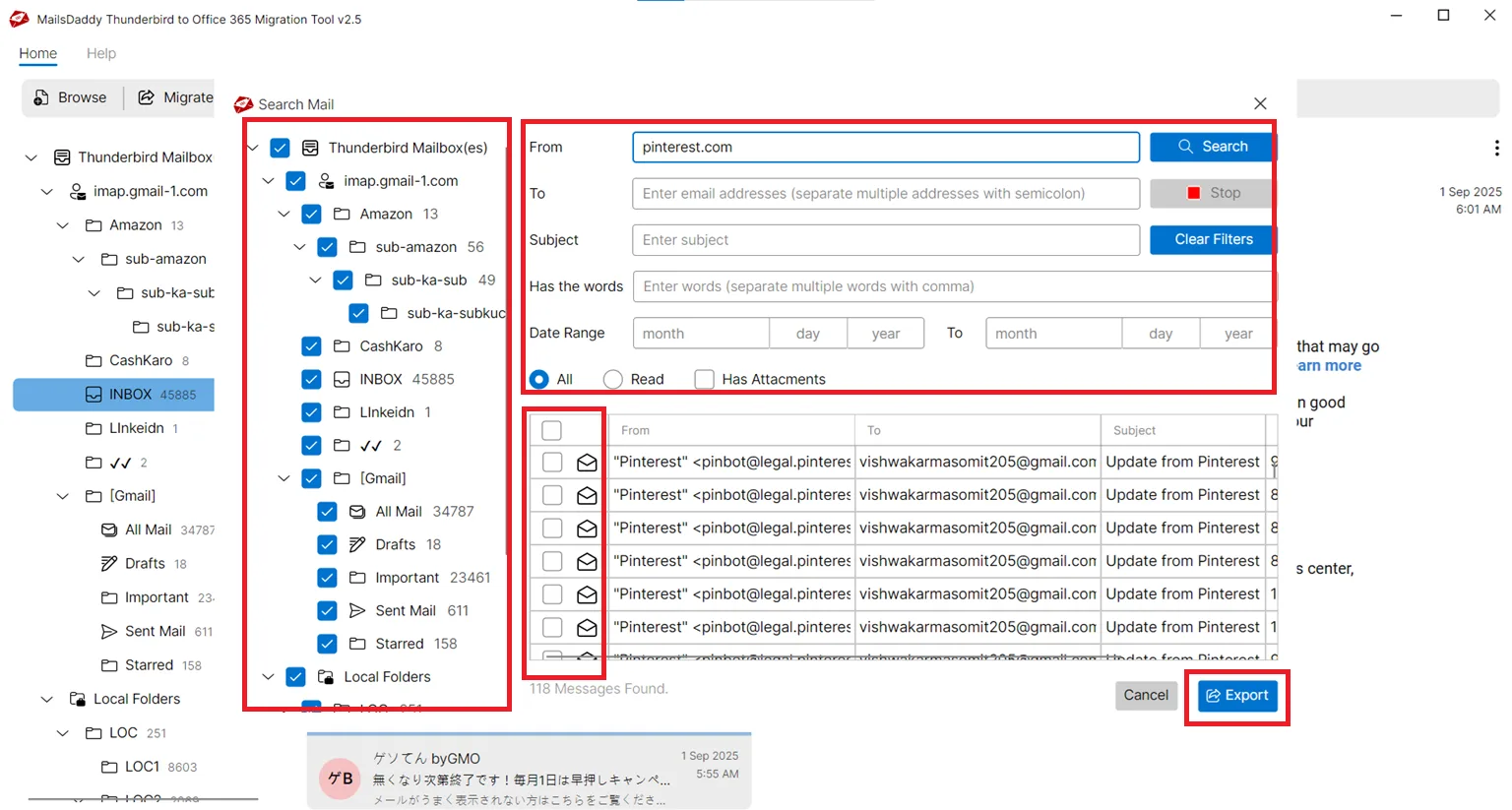 export search emails