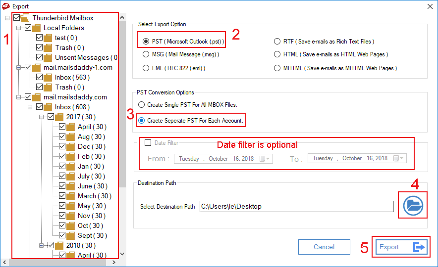 export thunderbird to pst